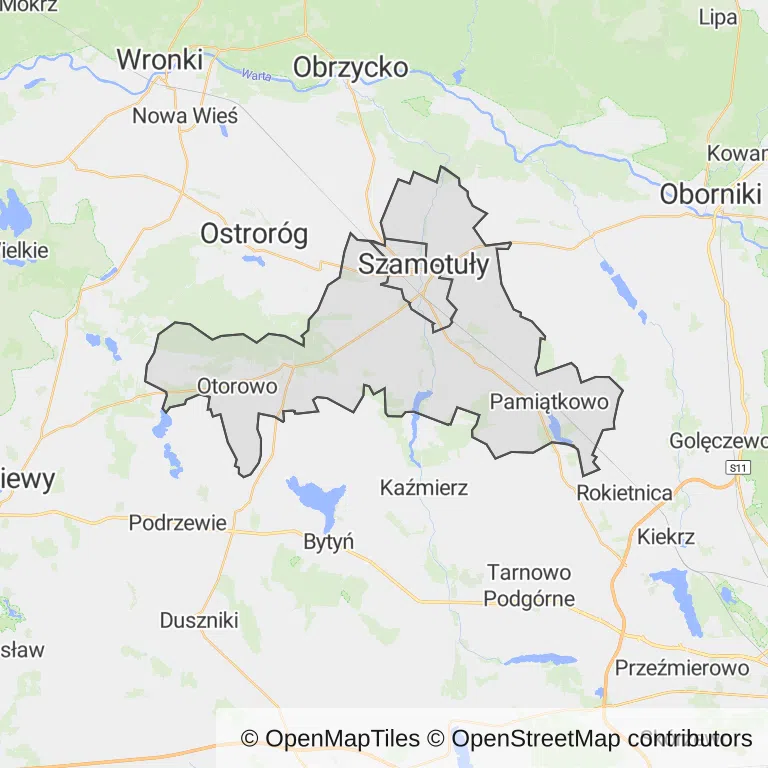 Mapa z zaznaczonym Szamotułami