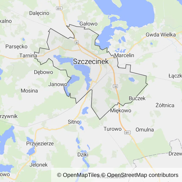 Mapa z zaznaczonym Szczecinkiem