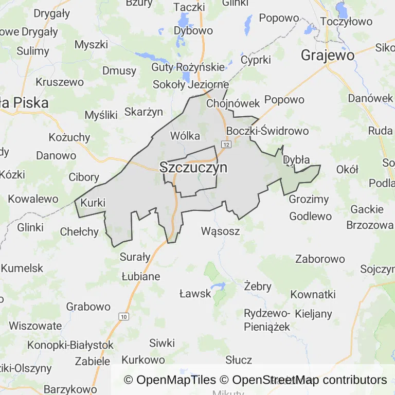 Mapa z zaznaczonym Szczuczynem