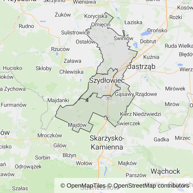 Mapa z zaznaczonym Szydłowcu