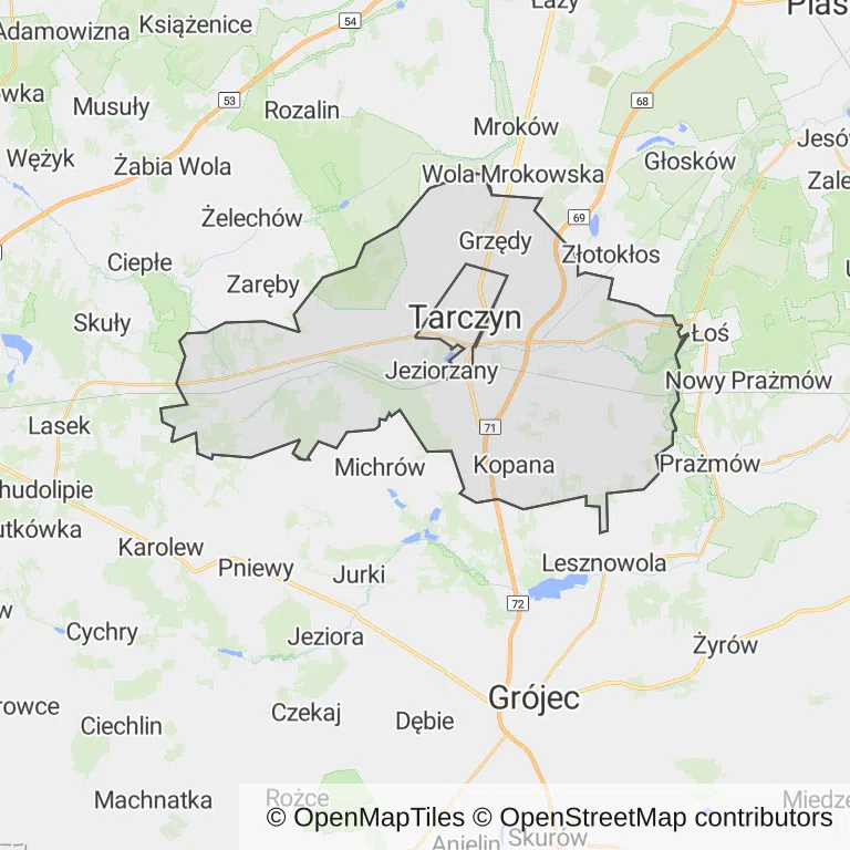 Mapa z zaznaczonym Tarczynem