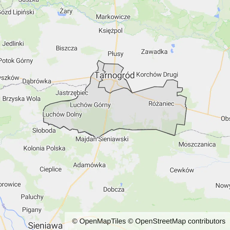 Mapa z zaznaczonym Tarnogrodzem