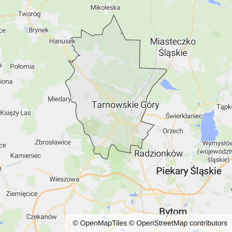 Mapa z zaznaczonym Tarnowskich Górami