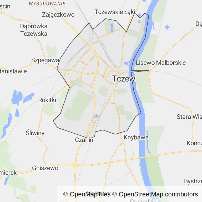 Mapa z zaznaczonym Tczewem