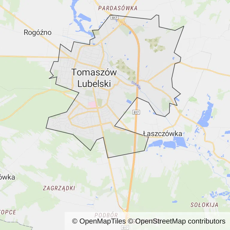 Mapa z zaznaczonym Tomaszowie Lubelskim