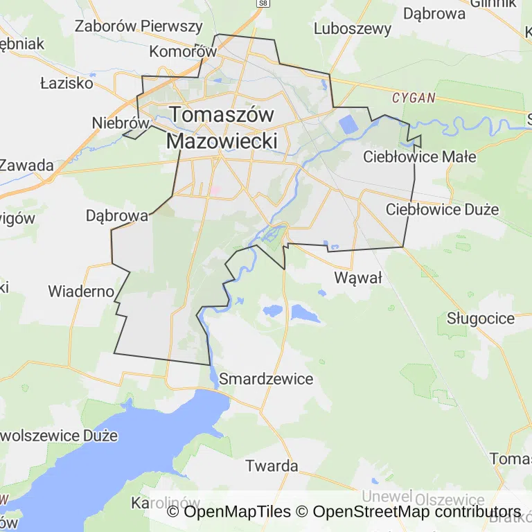 Mapa z zaznaczonym Tomaszowie Mazowieckim