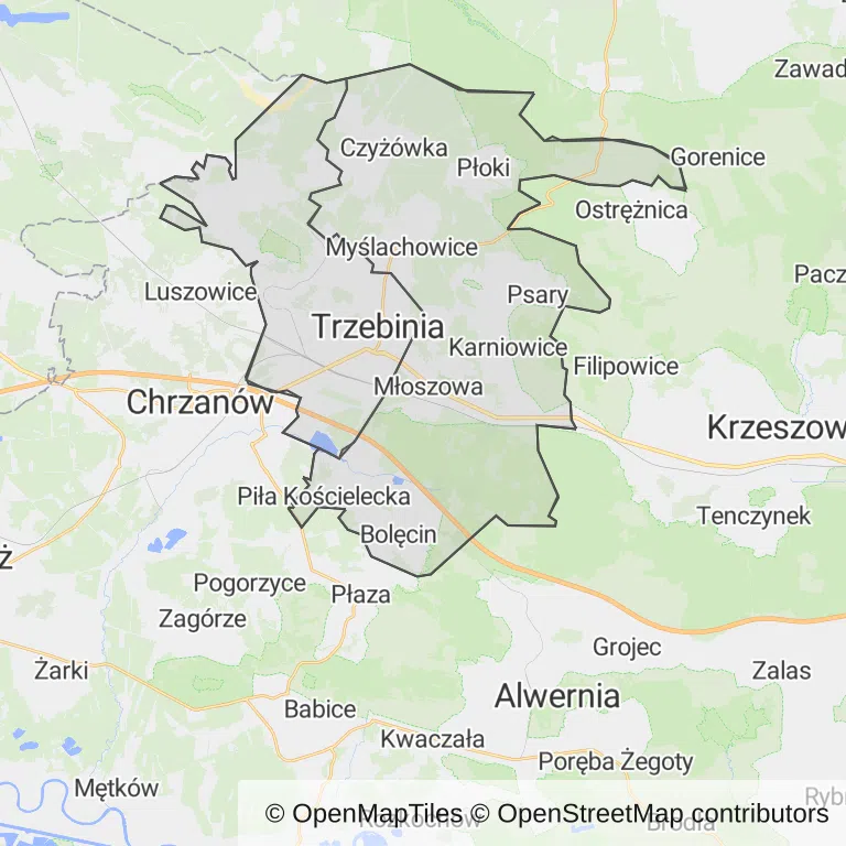 Mapa z zaznaczoną Trzebini