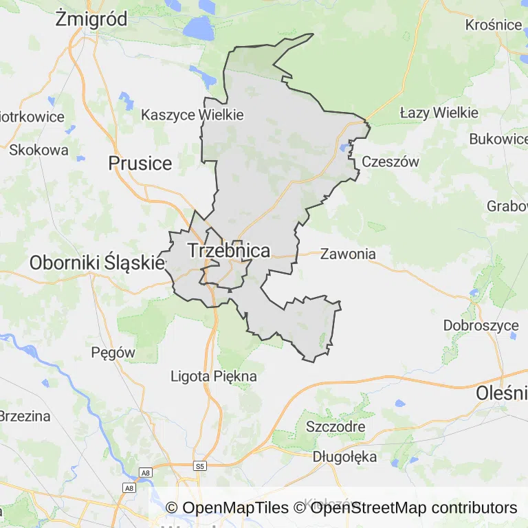 Mapa z zaznaczonym Trzebnicy