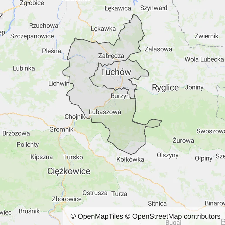 Mapa z zaznaczonym Tuchowem
