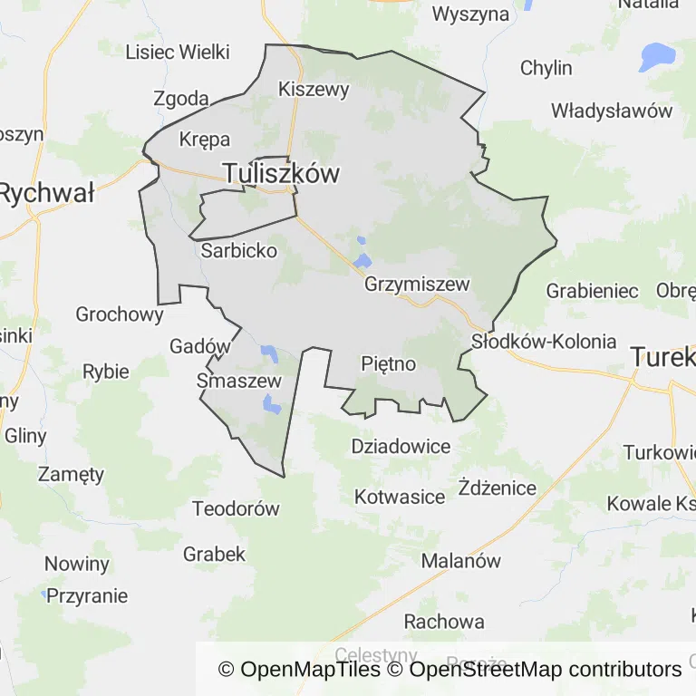 Mapa z zaznaczonym Tuliszkowem