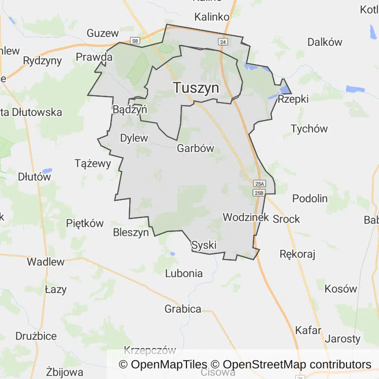 Mapa z zaznaczonym Tuszynem