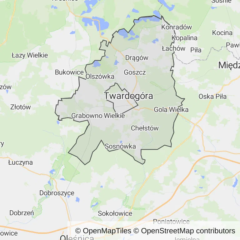 Mapa z zaznaczoną Twardogórze