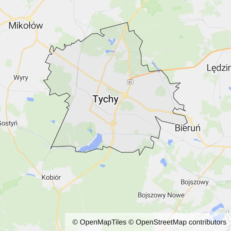 Mapa z zaznaczonym Tychami