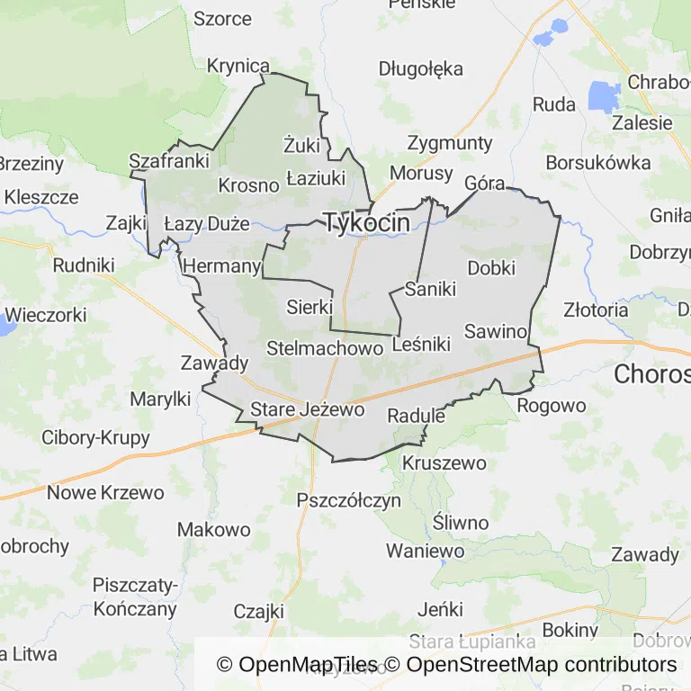Mapa z zaznaczonym Tykocinem