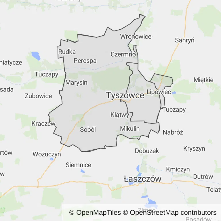 Mapa z zaznaczonymi Tyszowcami
