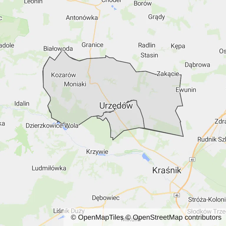 Mapa z zaznaczonym Urzędowem