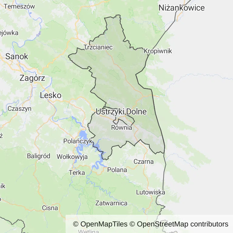 Mapa z zaznaczonym Ustrzykach Dolnych