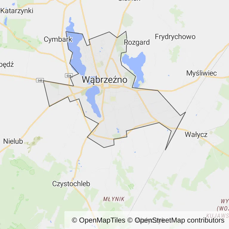Mapa z zaznaczonym Wąbrzeźnem