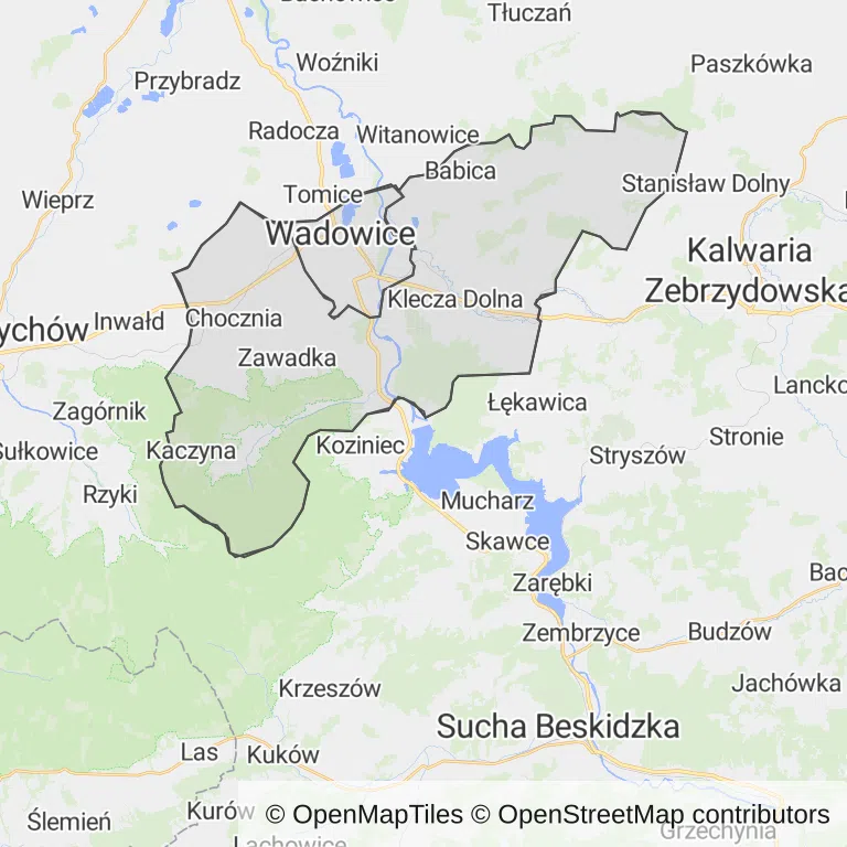 Mapa z zaznaczonymi Wadowicami