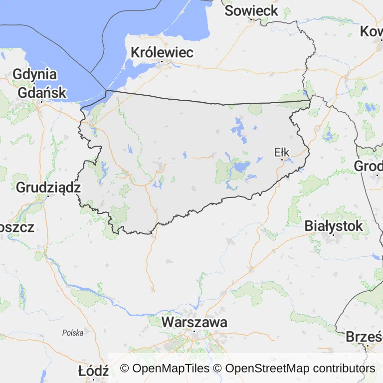 Mapa z zaznaczonym województwem warmińsko-mazurskim