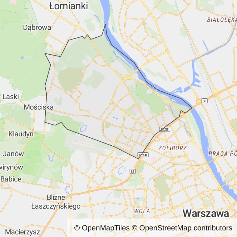 Mapa z zaznaczonymi Bielanami w Warszawie