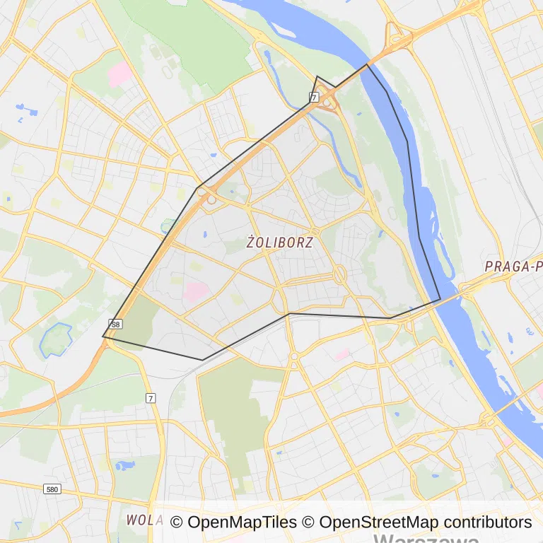 Mapa z zaznaczonym Żoliborzem w Warszawie