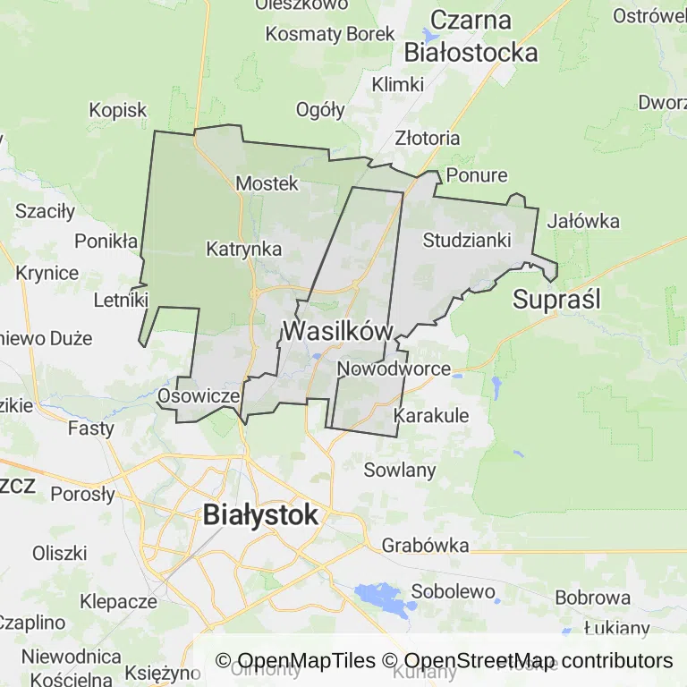 Mapa z zaznaczonym Wasilkowem