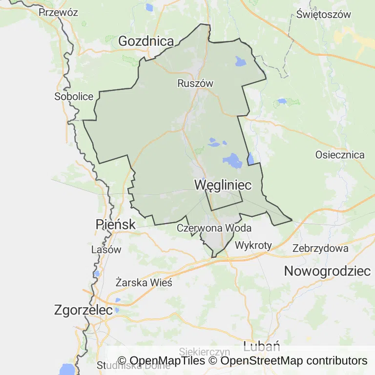 Mapa z zaznaczonym Węglińcu