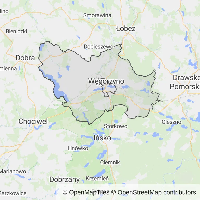 Mapa z zaznaczonym Węgorzynem