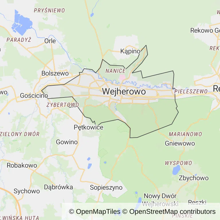 Mapa z zaznaczonym Wejherowem