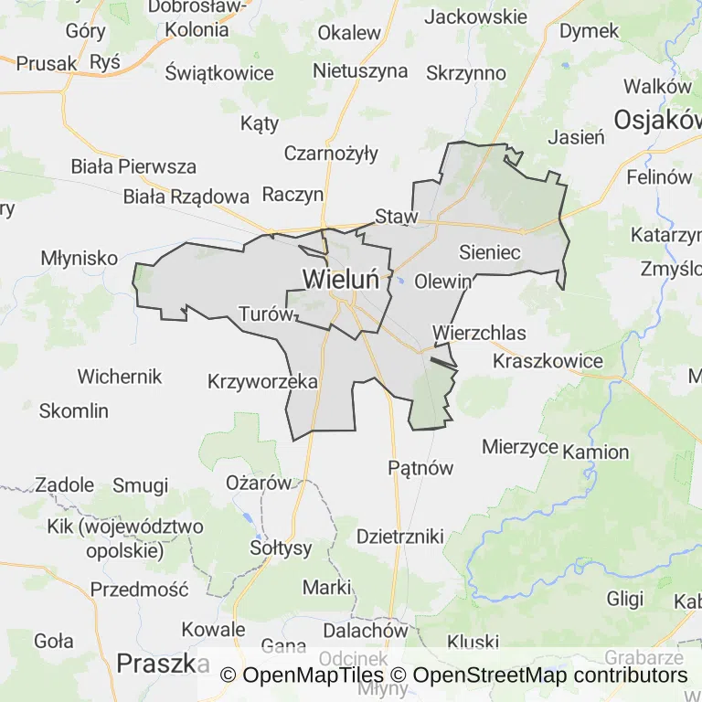 Mapa z zaznaczonym Wieluniu