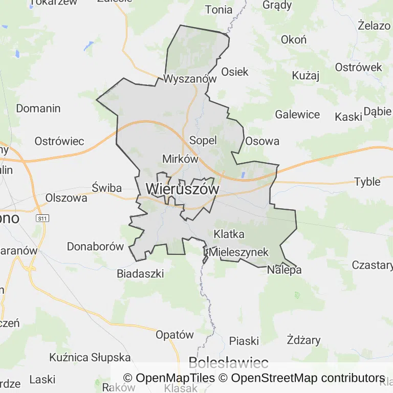 Mapa z zaznaczonym Wieruszowem