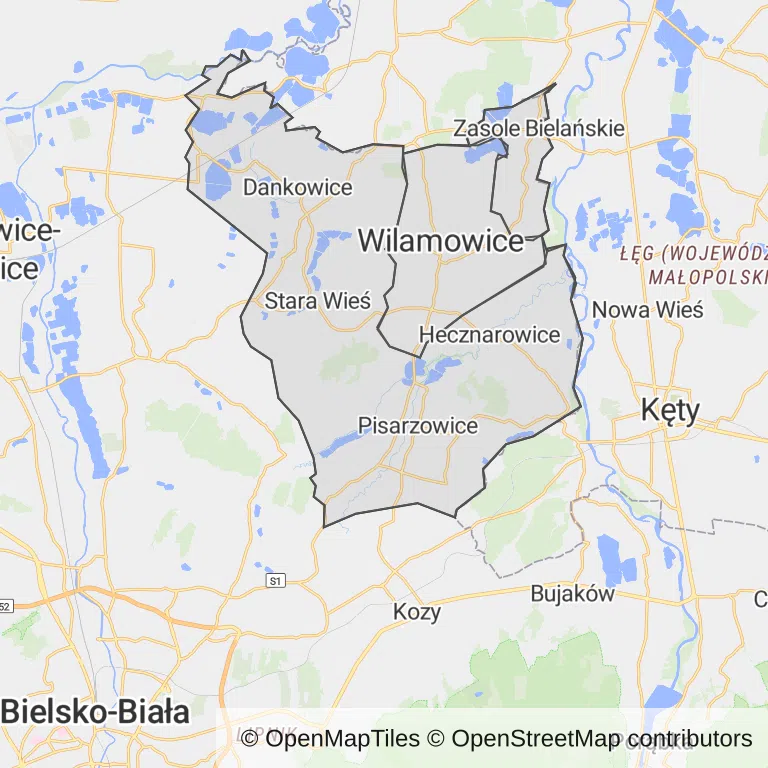Mapa z zaznaczonymi Wilamowicami