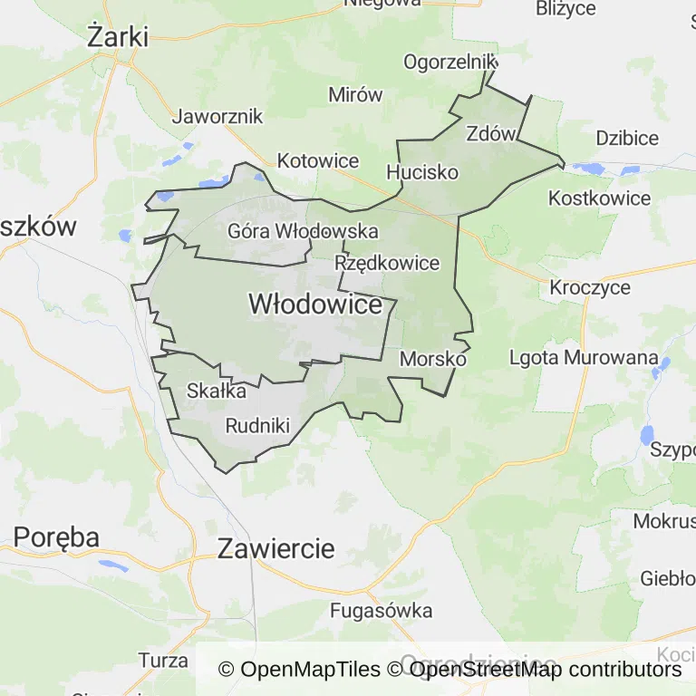 Mapa z zaznaczonymi Włodowicami