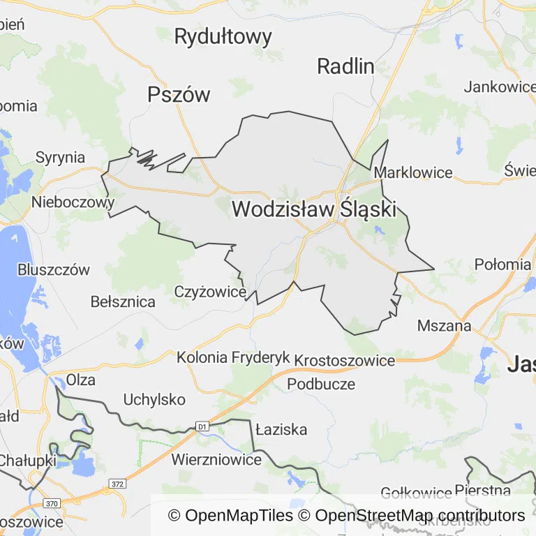 Mapa z zaznaczonym Wodzisławiu Śląskim