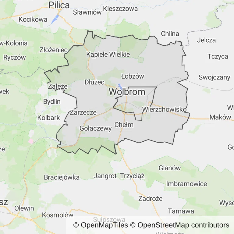 Mapa z zaznaczonym Wolbromiu