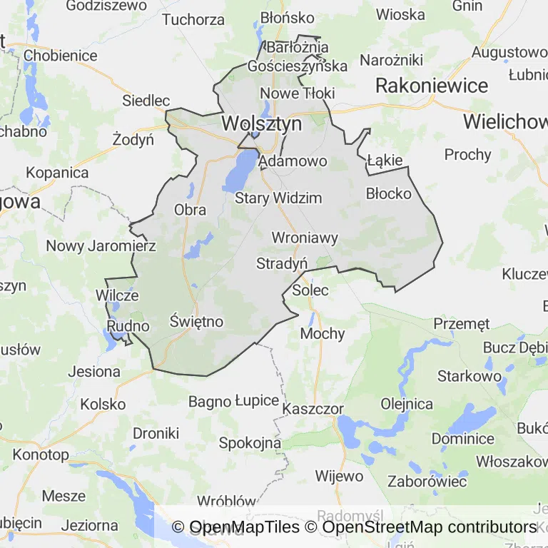 Mapa z zaznaczonym Wolsztynem