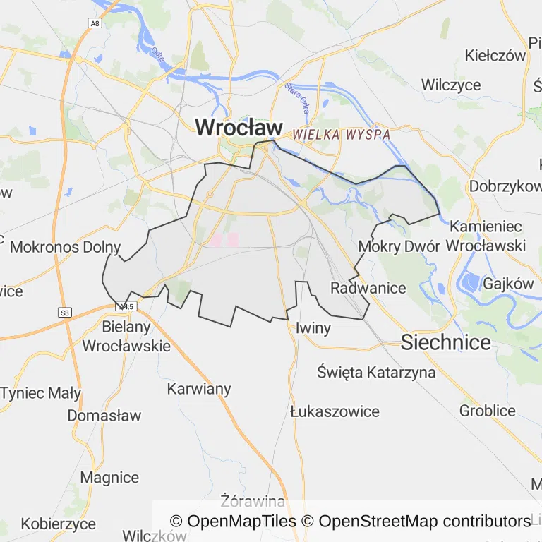 Mapa z zaznaczonymi Krzykiem we Wrocławiu