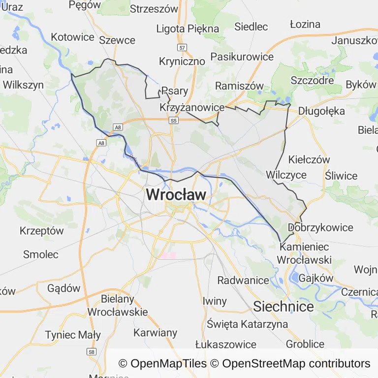 Mapa z zaznaczonym Psie Polem we Wrocławiu