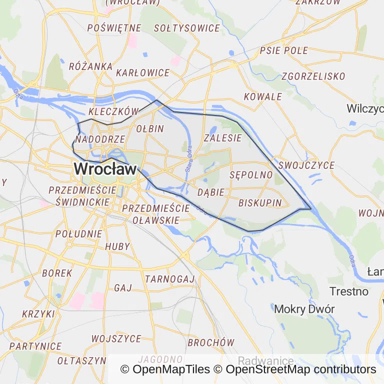 Mapa z zaznaczonym Śródmieściem we Wrocławiu