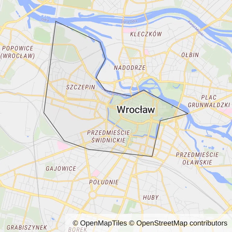 Mapa z zaznaczonym Stare Miastoem we Wrocławiu