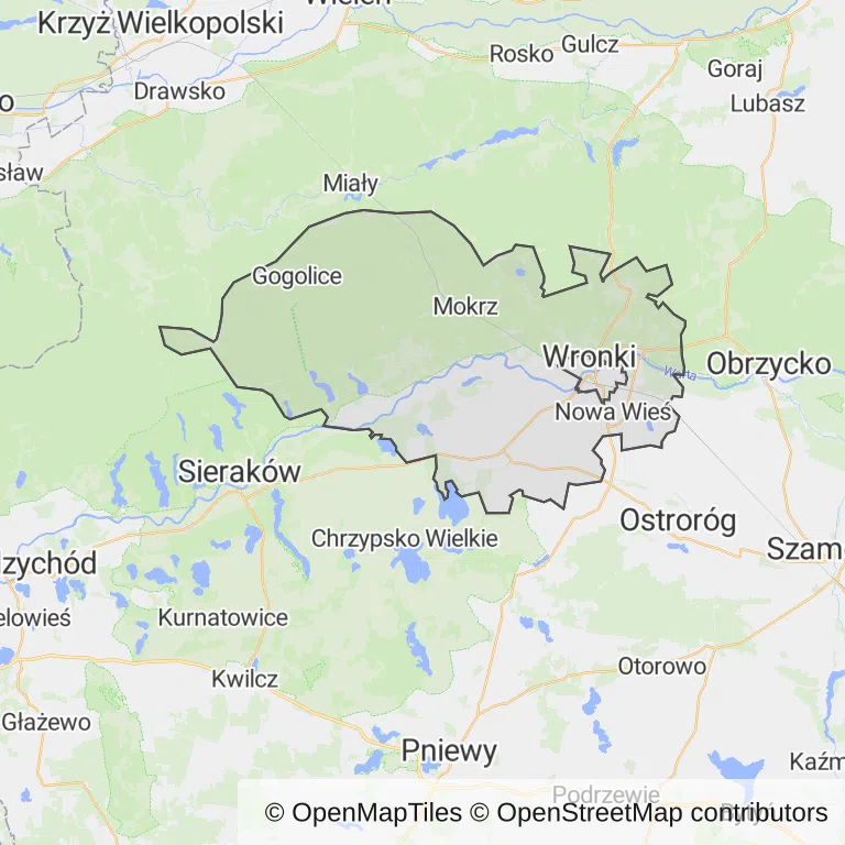 Mapa z zaznaczonym Wronkami