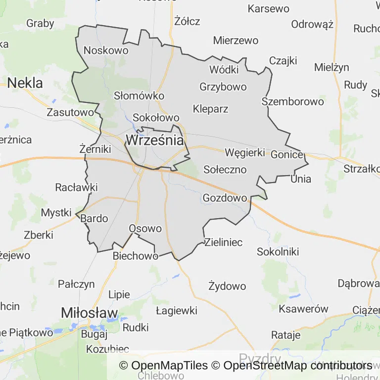 Mapa z zaznaczoną Wrześni