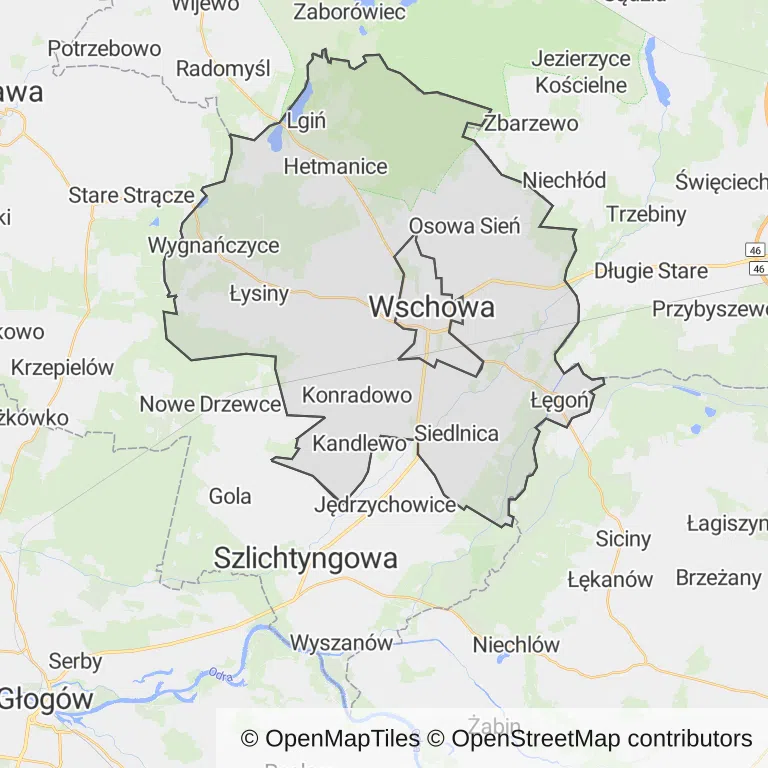 Mapa z zaznaczoną Wschowem