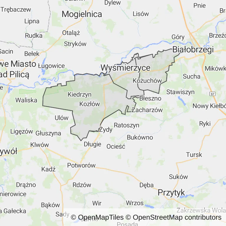 Mapa z zaznaczonymi Wyśmierzycami