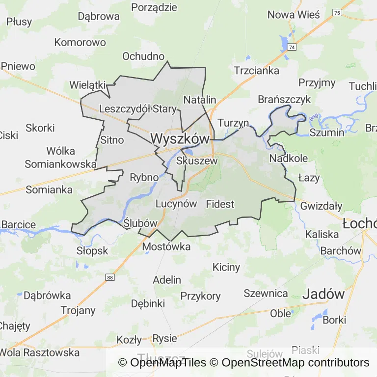 Mapa z zaznaczonym Wyszkowem