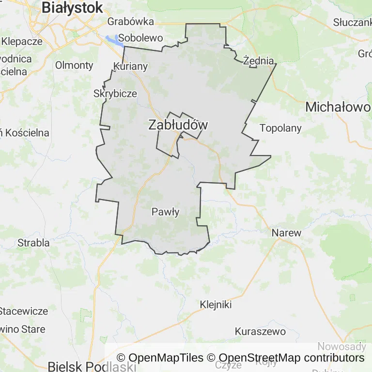 Mapa z zaznaczonym Zabłudowem