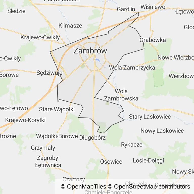 Mapa z zaznaczonym Zambrowem