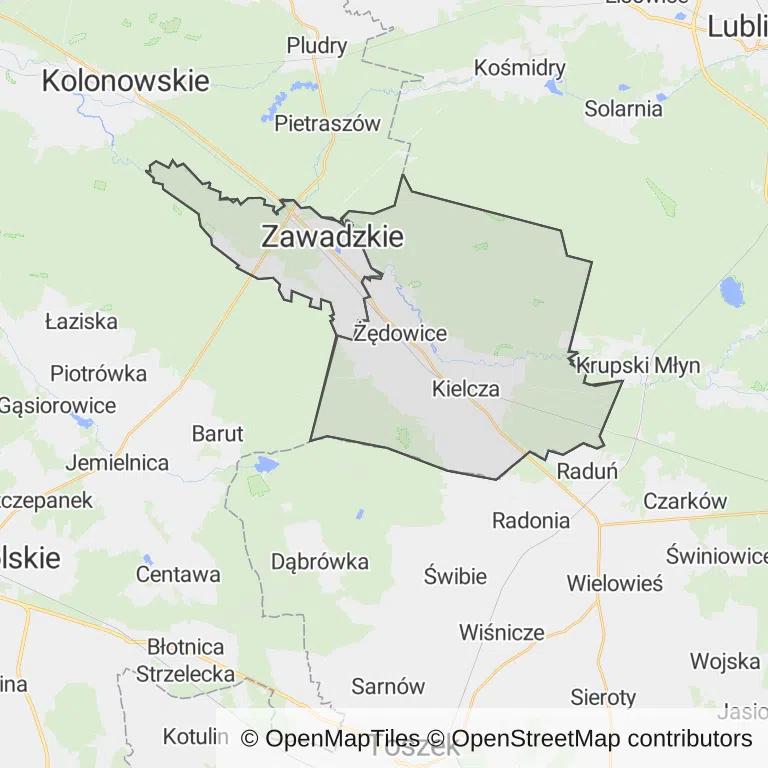Mapa z zaznaczonym Zawadzkiem