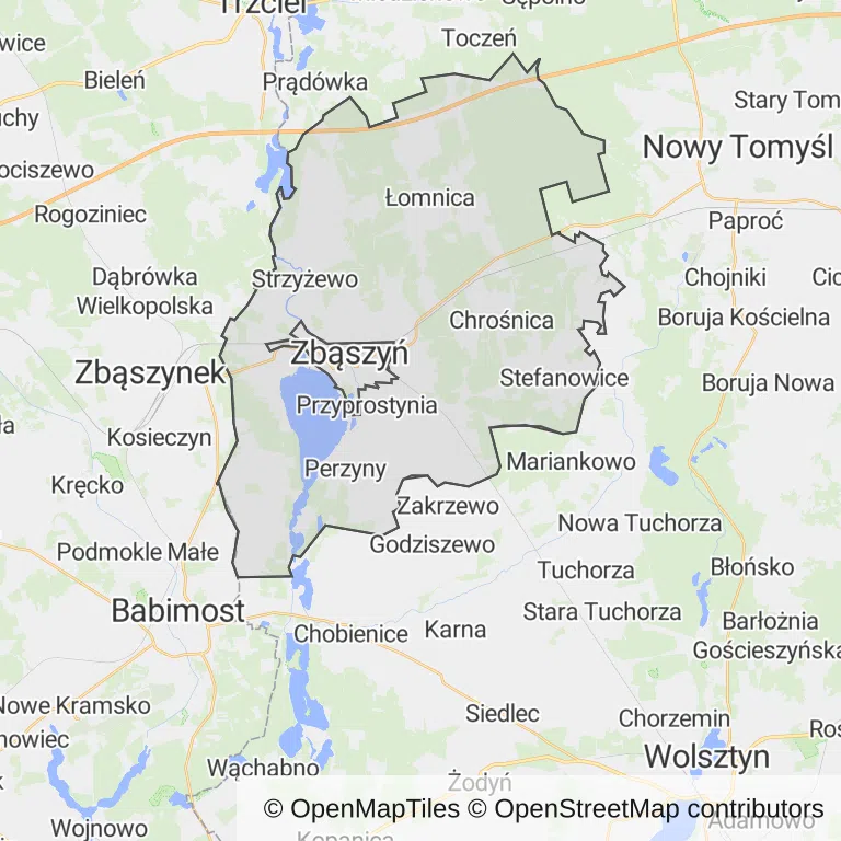 Mapa z zaznaczonym Zbąszyniu